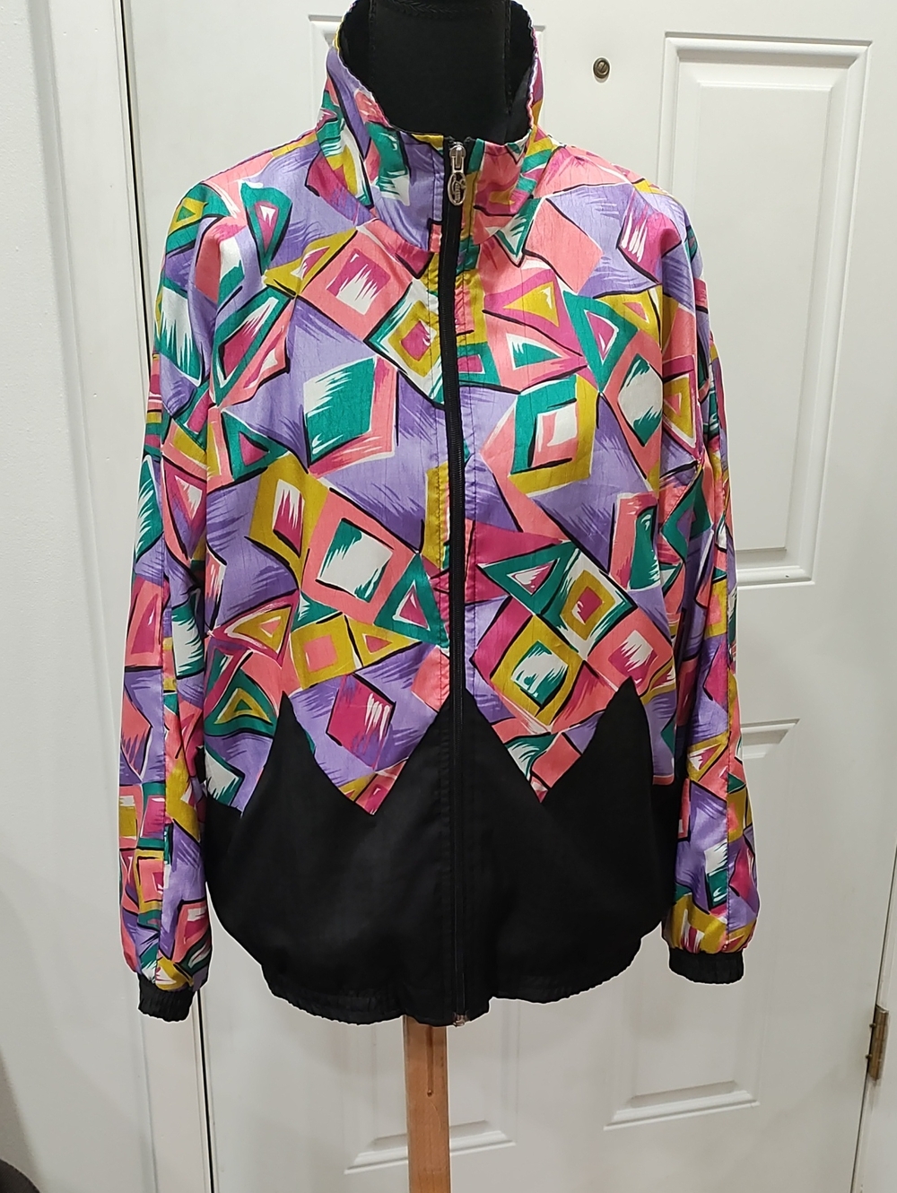 Vintage Geo-Print Bomber Jacket - Black & Multicolor